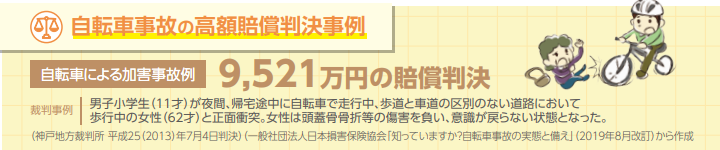 自転車事故による加害事故例：男子小学生(11才)が夜間、帰宅途中に自転車で走行中、歩行中の女性(62才)と正面衝突。女性は頭蓋骨骨折等の傷害を負い、意識が戻らない状態となった。賠償判決9,521万円(神戸地方裁判所 平成25(2013)年7月4日判決)