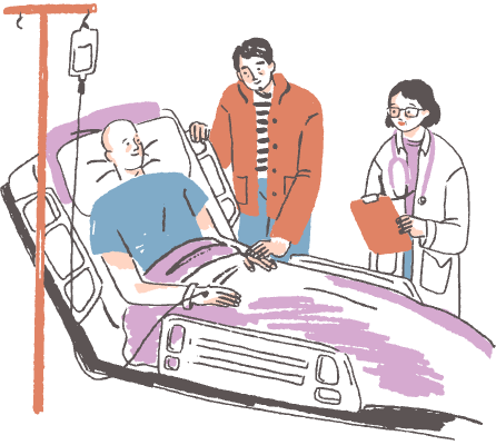 入院中の男性と見舞いの人