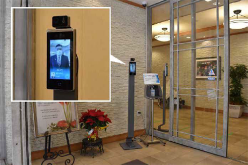 Face recognition system with a thermography camera When a person stands in front of the thermography camera, the system shows the person’s temperature and registered name. * The person can be identified even when wearing a mask